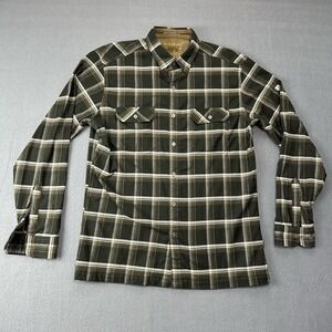 Kuhl Flannel Shirt Mens L Loden Green Law Plaid Long Sleeve Hiking Metal Buttons